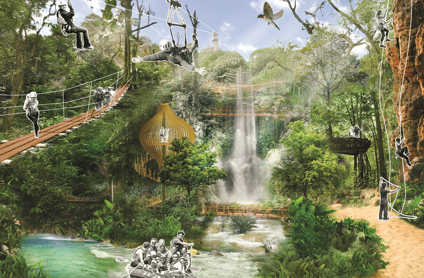 Rendering of adventure playground in a forested area